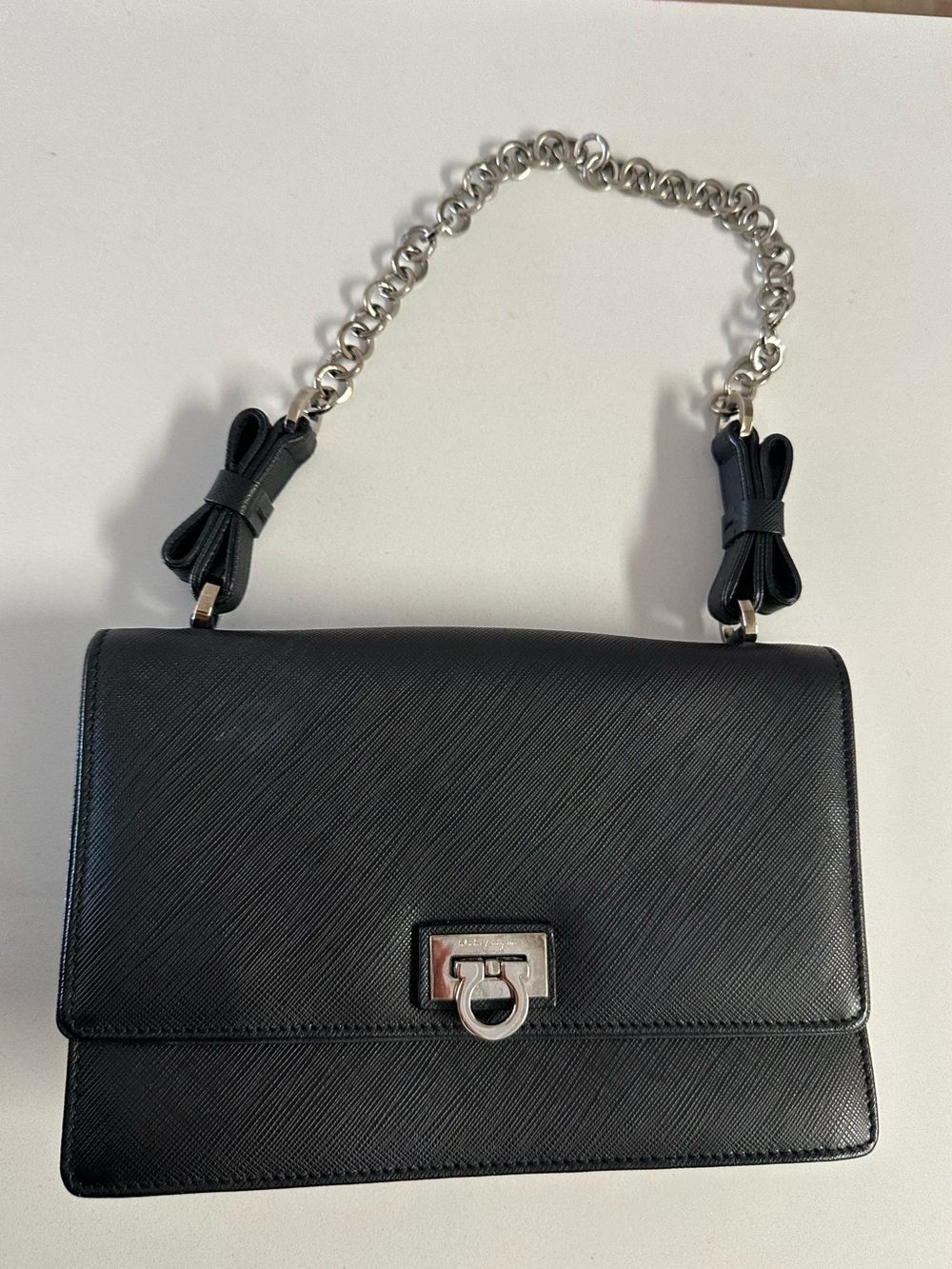 Salvatore Ferragamo Black Evening Bag with Silver Chain and Black Bows